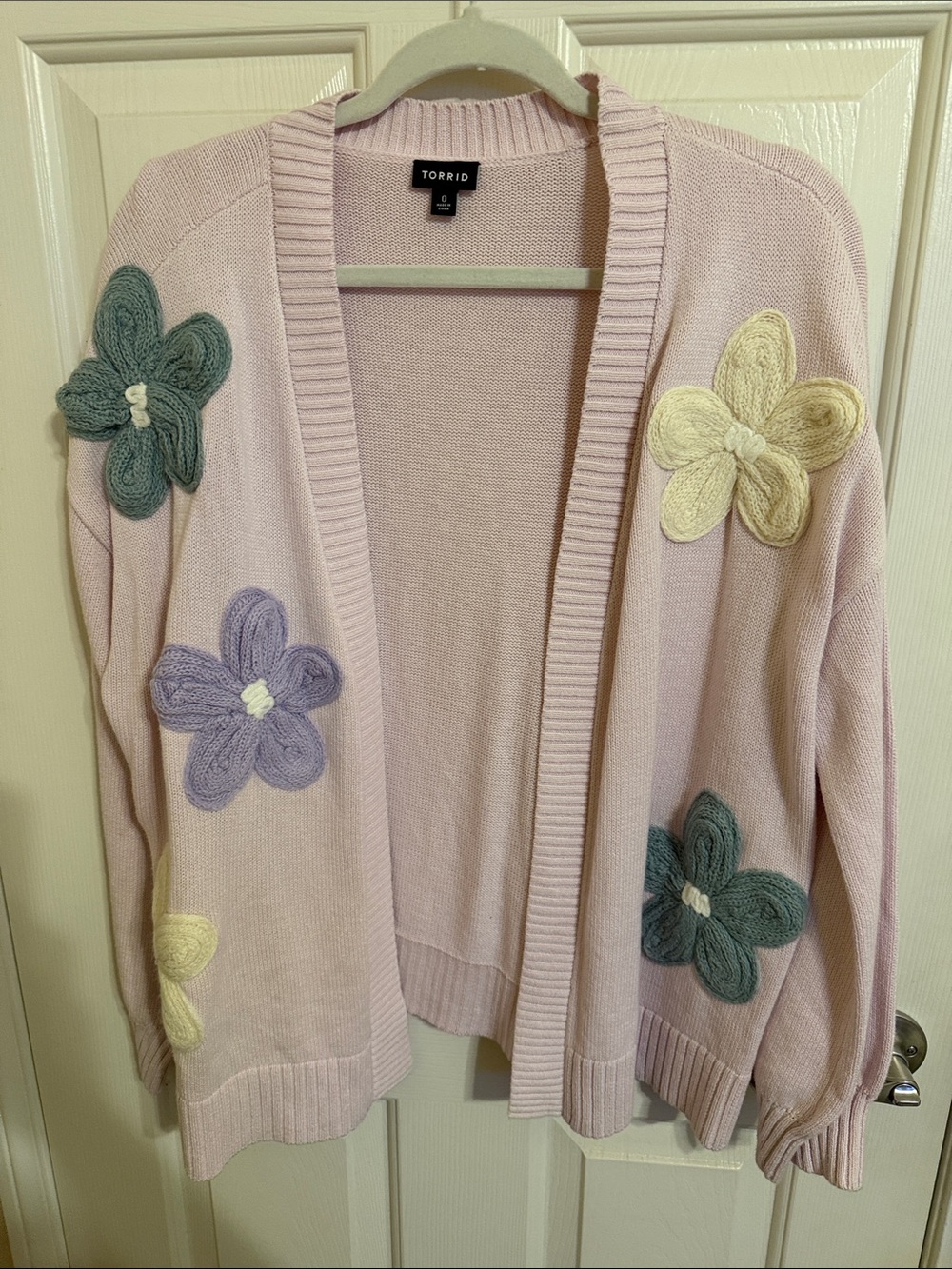 torrid Pastel Pink Open Cardigan with Multi-Color Floral Appliqués